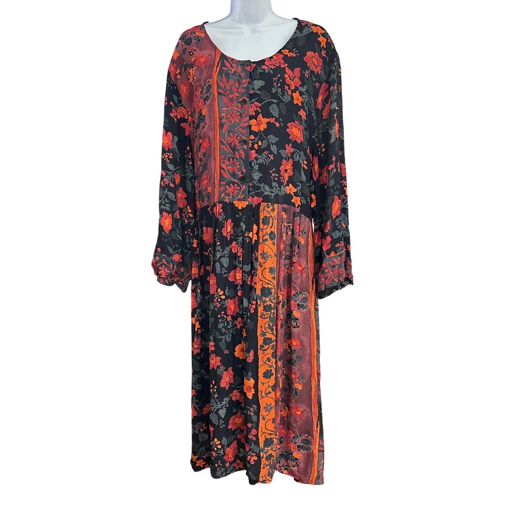 Adini Rayon Dress 3X Black Red Floral Boho Patchwork Long Sleeve India Flowy